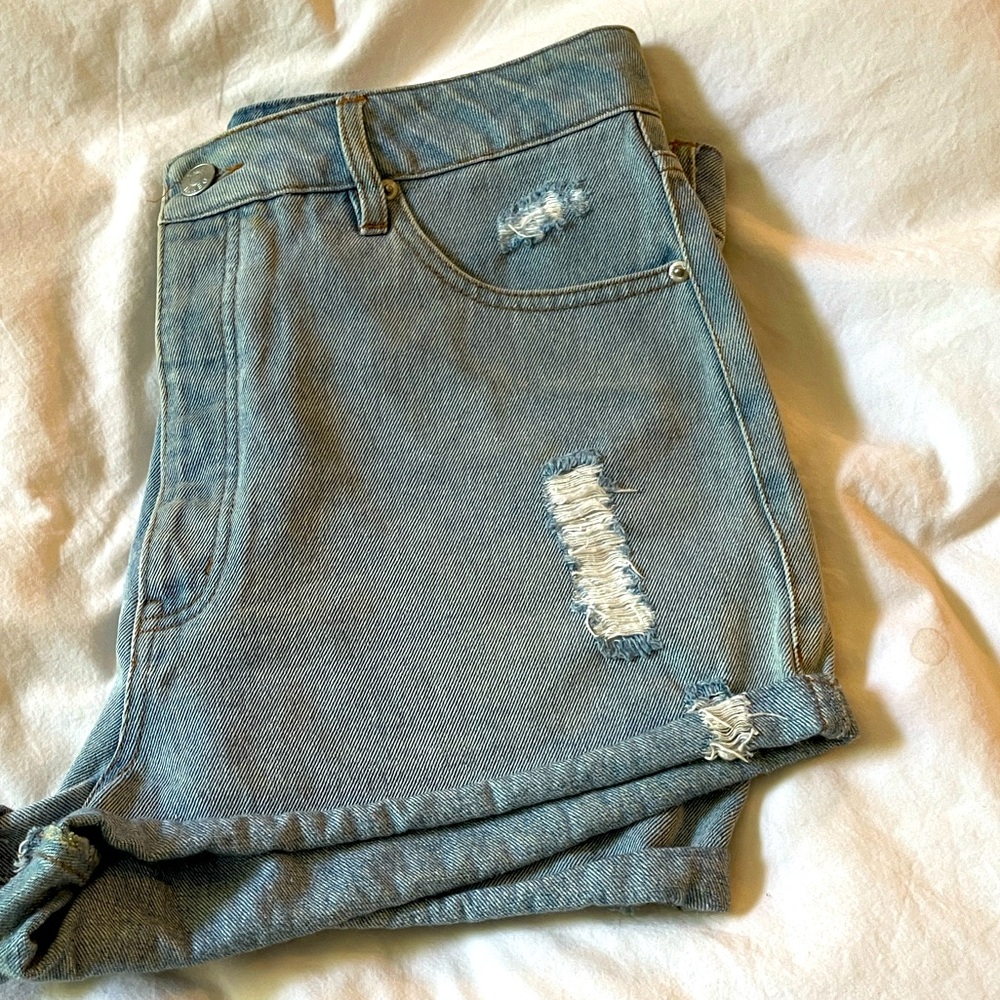 TWIK Light Blue Distressed Organic Cotton Jean Shorts, Size 30